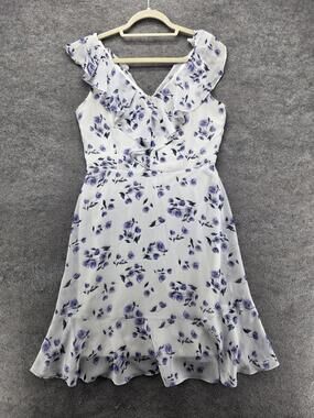 DKNY Dress Womens 8 White Fit & Flare V-Neck Sundress Lined Ruffle Chiffon